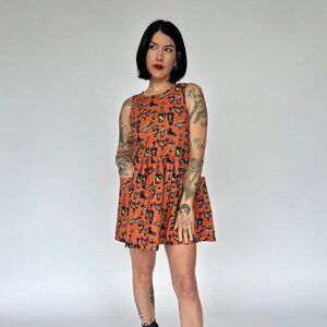 Nooworks Orange Cat Print Mini Dress